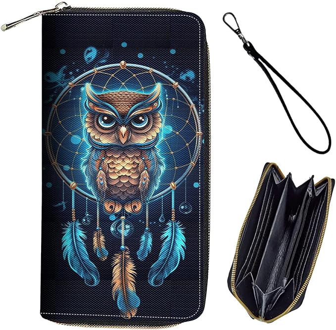 Bxgolkgd Womens Wallet, RFID Blocking Leather Wallet,Large Capacity Wallet Credit Card Holder PU Leather Ladies Clutch with Zipper Coin Pocket - Dreamcatcher Owl