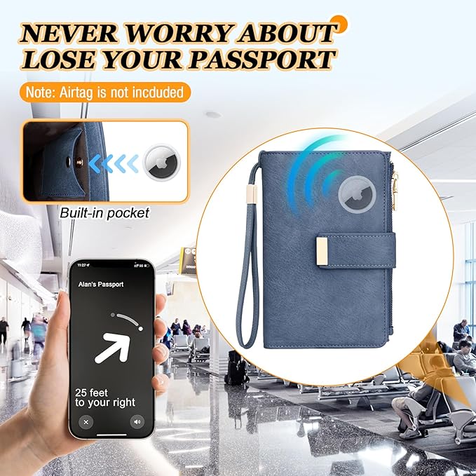 HUANLANG Passport Holder with Airtag for Women/Men, Airtag Passport Wallet for Travel Leather Passport Holder RFID Blocking,Travel Passport Walelt with Credit Card Holder