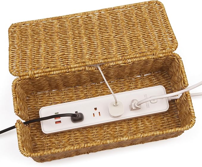ZhiYo Rattan Cable Management Box, Cord Organizer, Nature, 2 Pack (M&L) | Handwoven imitation rattan cord hider box conceals power strips and cables for a clean desk or floor setup