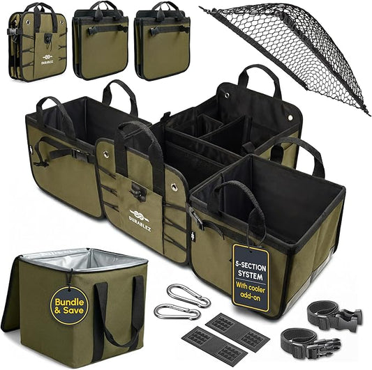 5-Section Extra Large Trunk Organizer – Heavy Duty 1680D Oxford, Collapsible & Foldable Car Cargo Organizer, Modular Multi-Shape Storage System for SUV, Truck, Van – Military Green