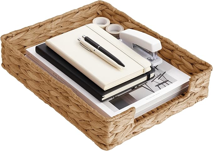 Letter Tray Water Hyacinth, Wicker Desk Organizer for Office Supplies Mail | Desk Tray Organizer for A4 Paper, Magazine, Jewelry Cosmetics, Paper Holder Storage Basket for Office, School, and Workspace