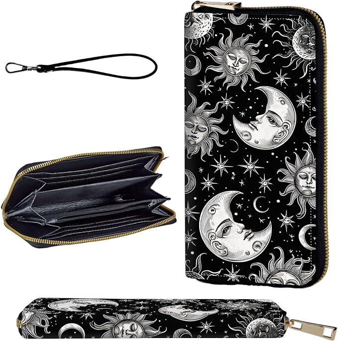 Wallet,Leather Long Wallet Suitable For Ladies And Teenagers - Detachable Wristband + RFID Travel Wallet With Card Slot - Vintage Sun Moon Stars