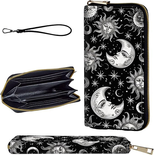Wallet,Leather Long Wallet Suitable For Ladies And Teenagers - Detachable Wristband + RFID Travel Wallet With Card Slot - Vintage Sun Moon Stars