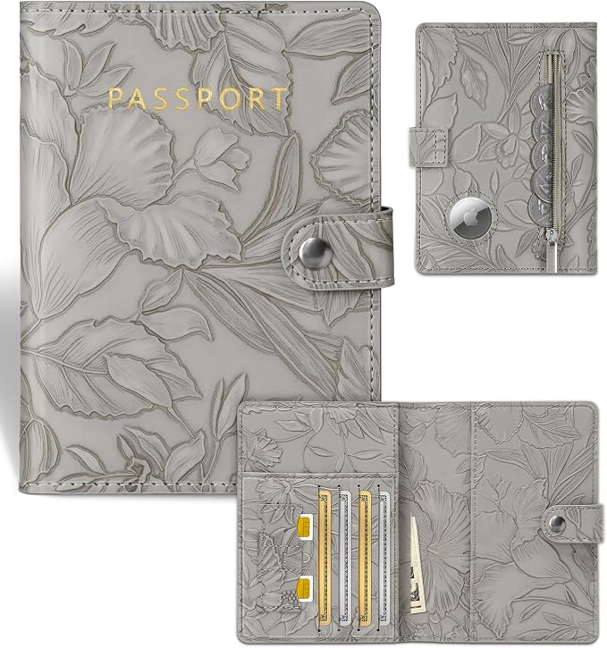 Slohif Floral Embossed Passport Wallet - Elegant Passport Wallet with AirTag Holder & RFID Blocking Slim Vegan Leather Passport Cover with Money Pocket and Card Slots Elephant Gray