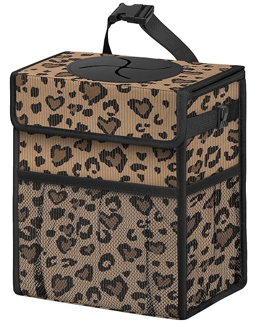 Corduroy Car Trash Can with Lid and Mesh Pockets - Leakproof Organizer,Multipurpose Waterproof Garbage Can/Trash Bin for Car(Leopard Print-3 Gallons)