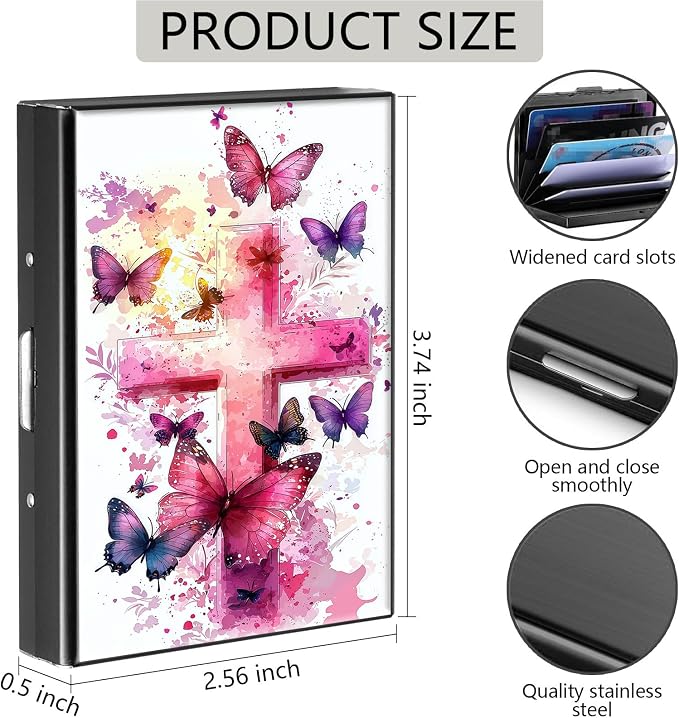 Credit Card Holder Butterfly Christian Cross Design Mini RFID Blocking Aluminum Wallet Slim Metal Hard Cover Shell Travel Wallet ID Cases Small Credit Cards Case Business Cards for Women Men Girls