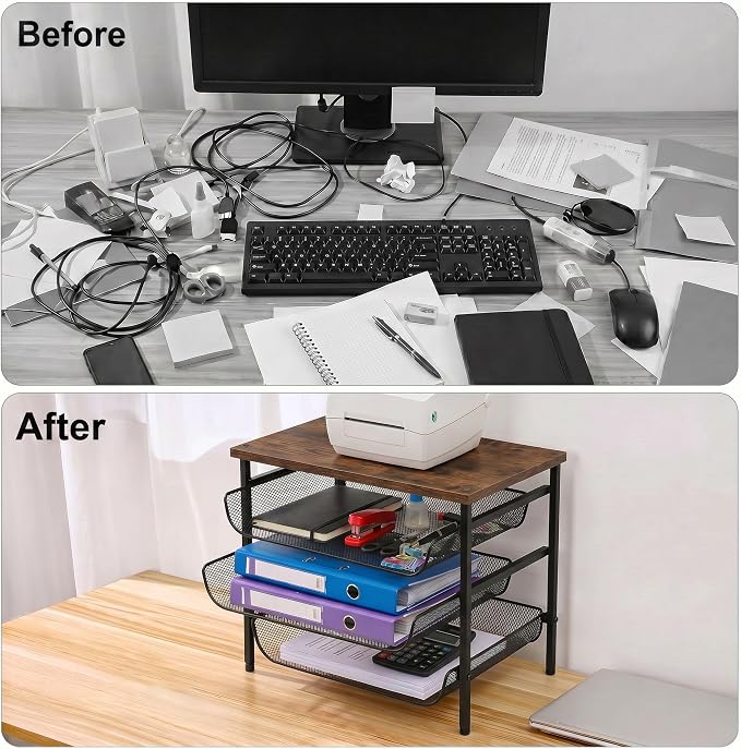 4-Tier Mesh Desk Organizer with Drawer Wooden Top Desktop Organizers File Holder Letter Tray Supplies Paper Organizer Home Office Accessories Black