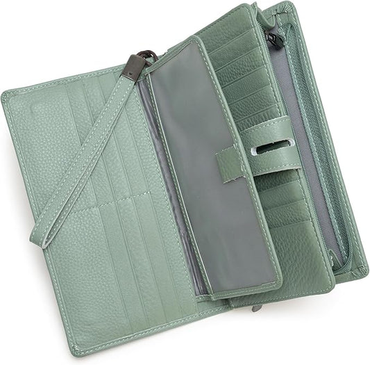 Bveyzi Women's Big Fat Rfid Leather Wristlet Wallet Organizer Large Phone Checkbook Holder with Zipper Pocket (Mint Green)
