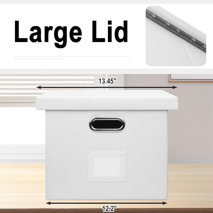 Graciadeco File Organizer Box, Decorative Storage Filling Box with Lid for Letter Legal Size Hanging Folders Collapsible Linen File Folder Box Office Document Storage Filing Bin, White 2 Pack