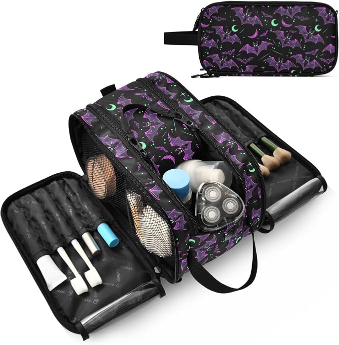 MNSRUU Large Capacity Makeup Bag, Neon Purple and Bats Stars and Moons Cosmetic Bag Portable Toiletries Pouch with Compartments Makeup Organizer Case for Travel Women