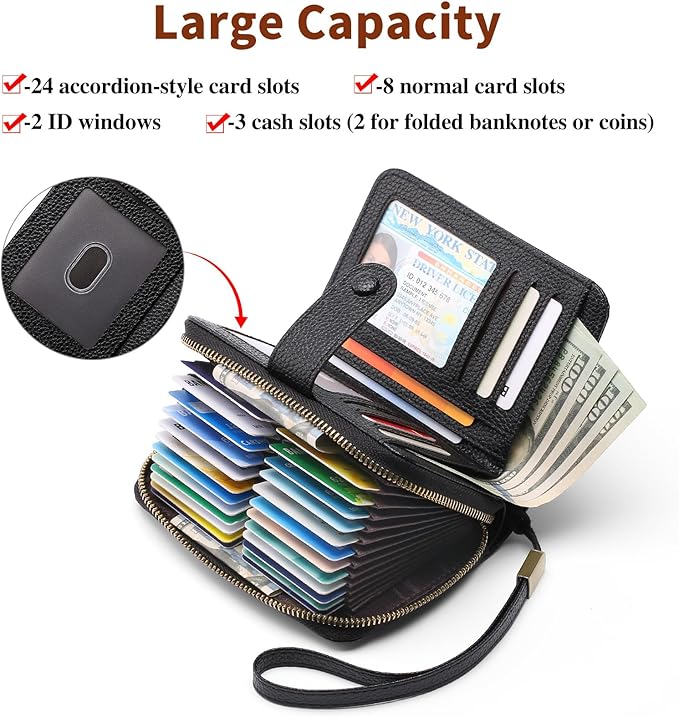 GAEKEAO Leather Credit Card Holder Wallet for Women RFID Blocking Large Capacity Bifold Zipper Card Case Organizer with Wristlet 32 Slots