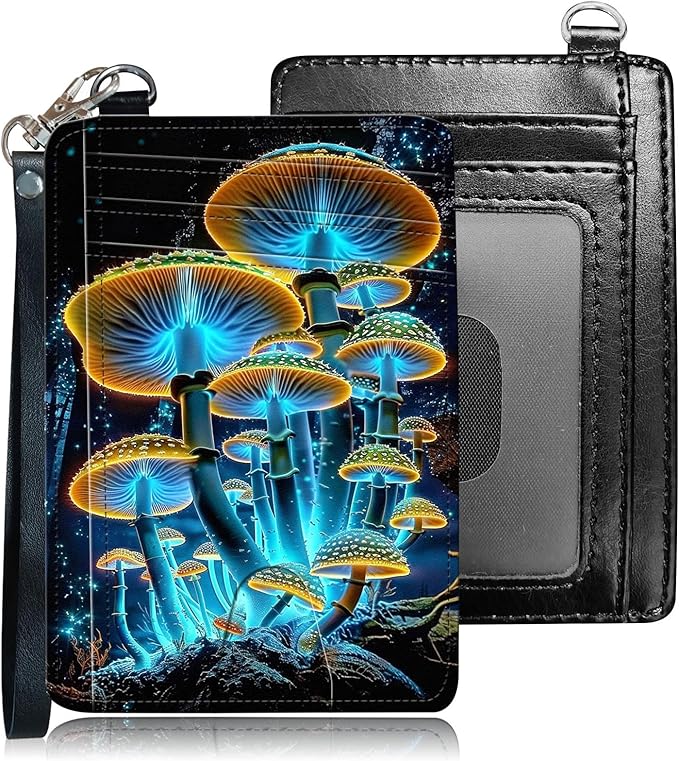 Slim RFID Blocking Card Holder Wallet with Wrist Strap - Minimalist Front Pocket Wallet, Luminous Mushroom Design, PU Leathe, for Men & Women, Ideal for Travel & Gifts
