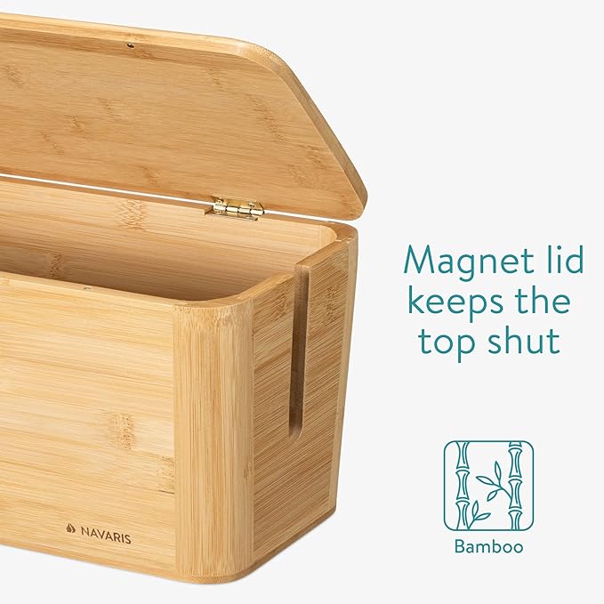 Navaris Cable Tidy Box - Bamboo Cable Storage Box Organizer for Wires, Cables, Extension Sockets, Chargers and Power Plug Cords - 15.5" x 6.3" x 6.3"