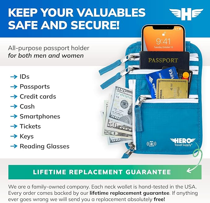HERO Neck Wallet - RFID Blocking Passport Holder, Easy to Conceal and Pouch (Aqua)