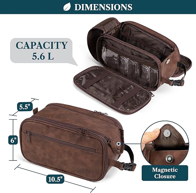 PAVILIA Toiletry Bag for Men, Hanging Travel Dopp Kit Organizer, PU Leather Water Resistant Bathroom Bag for Shaving Grooming, Large Capacity Cosmetic Bag Travel Essentials, Dark Brown