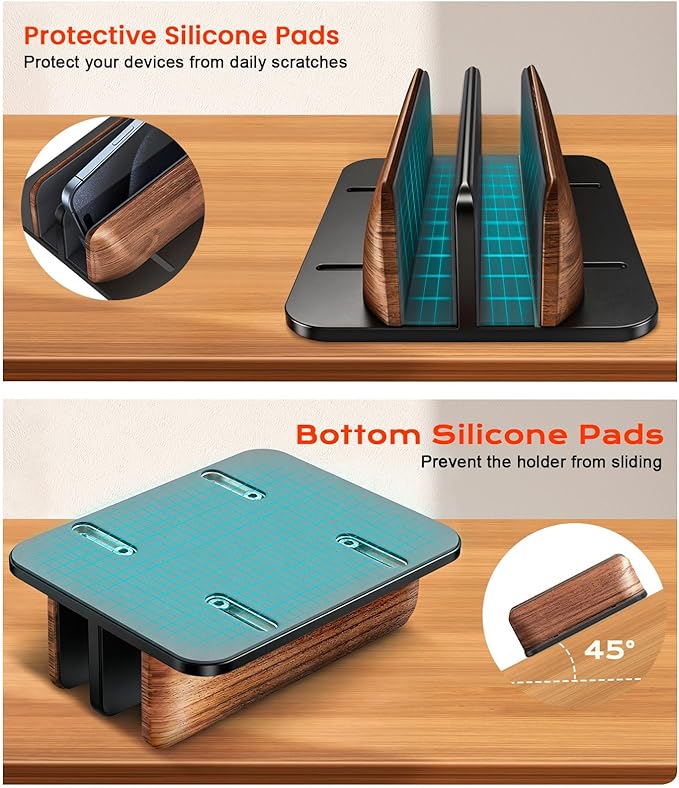 JCZT Vertical Laptop Stand, Walnut Dual Laptop Holder with Adjustable Aluminum Alloy Base Laptop Stand Compatible with All MacBok/Surface/Samsung/HP/Dell/Chrome Book (Black)
