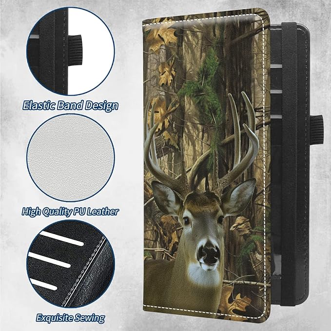 Checkbook Covers for Personal Checkbook Duplicate Checks RFID Blocking Checkbook Cover for Women Men with Elastic Strap Card Slots Pen Holder - Forest Cute Deer