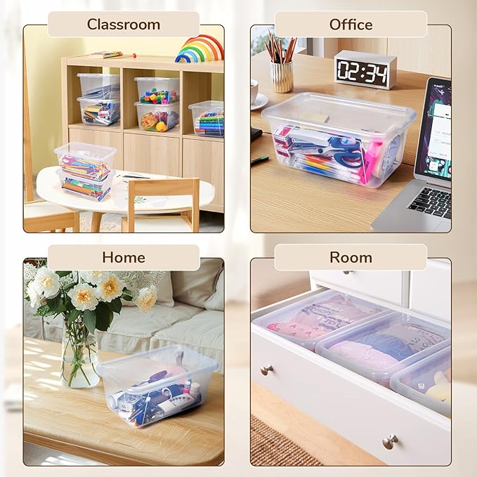 GAMENOTE 6 Quart Storage Bins with Lids,12 Pack Transparent Plastic Latching Box for Classroom & Kids Toy Storage,Clear Stackable Shoe Box Size Containers for STEM Morning Tubs, Crafts&Building Blocks