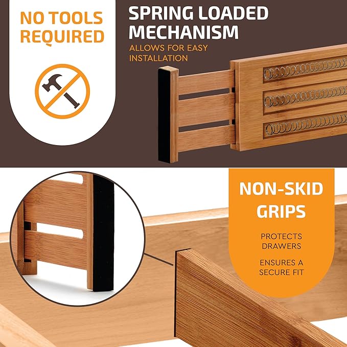 6-Pack Drawer Dividers - 6 Inches High, Adjustable 11 to 17 Inches Bamboo Drawer Organizers, Large Deep Expandable Separators for Clothes, Dresser, Bedroom, Bathroom, Baby , Office, Kitchen Utensils
