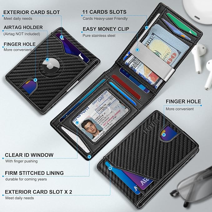miyozi Airtag Wallet for Men,with Money Clip 11 Cards Slim Front Pocket Leather RFID Blocking Wallet with Gift Box