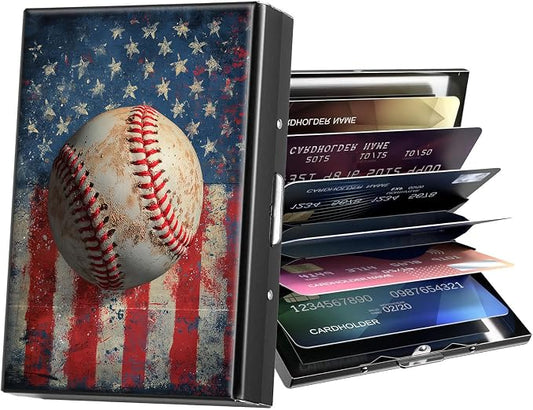 Metal Wallet,Credit Card Holder for Women Men,RFID Blocking Card Holder Mini Slim Aluminum Wallet ID Case Hard Case Business Card Holder Case,Vintage Baseball Flag