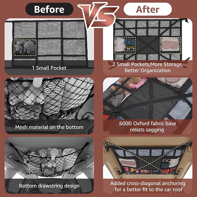 Extra Large Car Ceiling Cargo Net 43.3×27.5 Inch for SUV Minivan Truck Van,Roof Storage Organizer, Overhead Mesh Cargo Holder,Fits Most 4 Handle Vehicles for Road Trip Camping Travel
