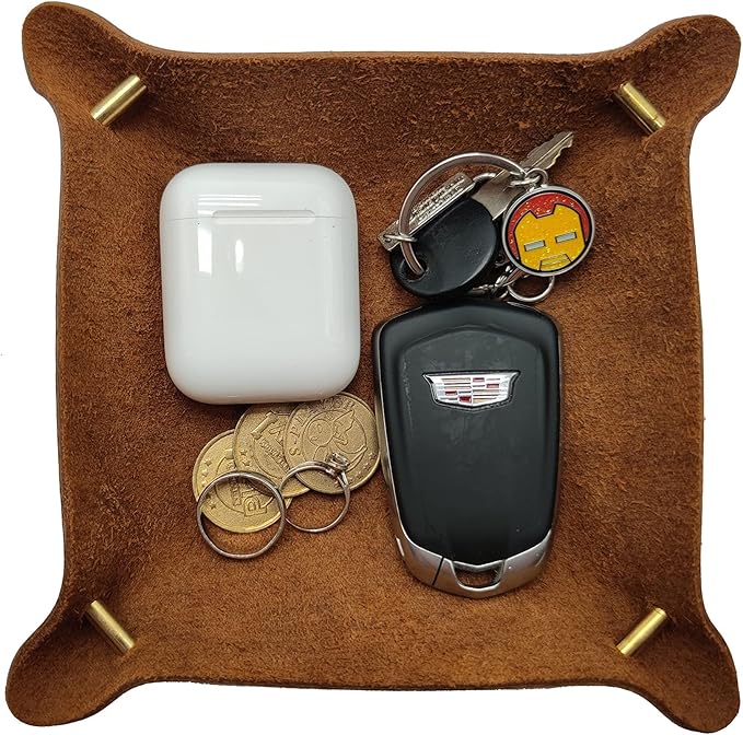 Leather Valet Tray Entryway Catchcall Tray Nightstand Organizer Storage for Wallets Watches Keys Holder Dish Bowl Coins Office Desk Accessory (Cinnamon-Crazy Horse Leather).