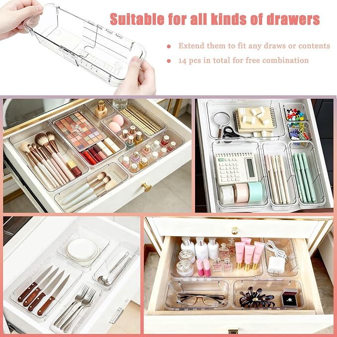Extendable Drawer Organizer, 14 pcs Bathroom & Vanity Adjustable Drawer Organizers Tray, 3-size Clear Plastic Storage Bin for Makeup, Office Desk, Kitchen, Bedroom, Cabinet Drawer