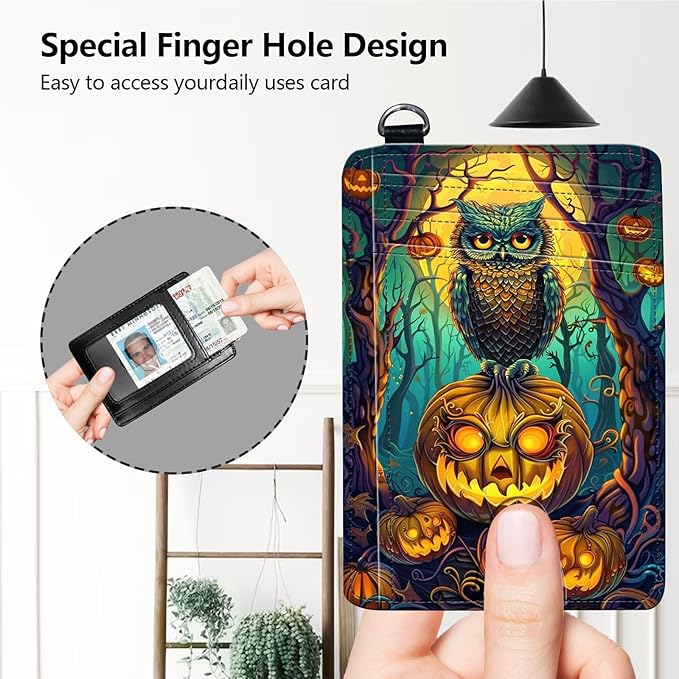 Slim RFID Blocking Card Holder Wallet with Wrist Strap - Minimalist Front Pocket Wallet, Halloween Owl Design, PU Leathe, for Men & Women, Ideal for Travel & Gifts