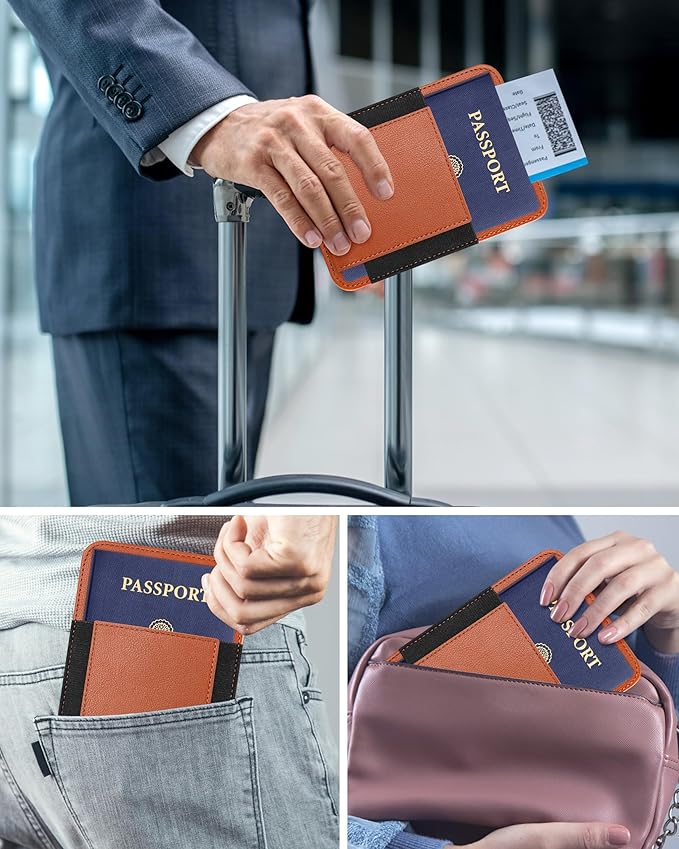 HiWe Passport Holder for Travel with Rechargeable Find My Tracker Built in, Minimalist Leather Passport Wallet Card Holder for Men and Women, RFID Blocking, 4 Slots, 1 Pocket, ID Window, Brown