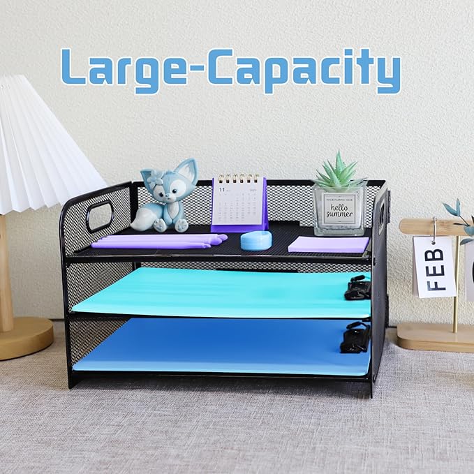 3 Tier Desk Organiser with Handle, Pull-Out Mesh File Organizer for Letter Tray Organizer Mesh Desk Organiser Tray Paper Storage Rack for A4 File Office Supplie, Black