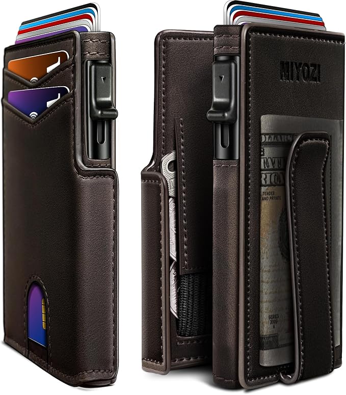 miyozi Men Wallet,with Money Clip Coins Pocket ID Window,Slim Front Pocket RFID Blocking Pop-up Card Holder 3.9"x 2.7", Gift Boxed