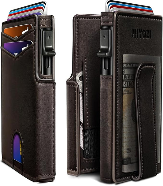 miyozi Men Wallet,with Money Clip Coins Pocket ID Window,Slim Front Pocket RFID Blocking Pop-up Card Holder 3.9"x 2.7", Gift Boxed