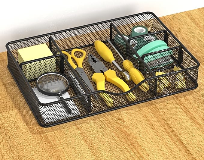 VyGrow Desk Drawer Organizer Tray, Metal Mesh Drawer Organizers Office, 6 Adjustable Compartment, Desk Organizer Tray for Home Office 12.87L x 8.73D x 1.96H inch, Black, 1PC Medium