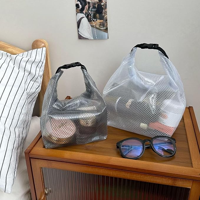 Waterproof Mesh Cosmetic Bag for Travel, Gym, Bathroom, Quick-Dry Toiletry Organizer with Handle Portable Makeup Pouch Grey