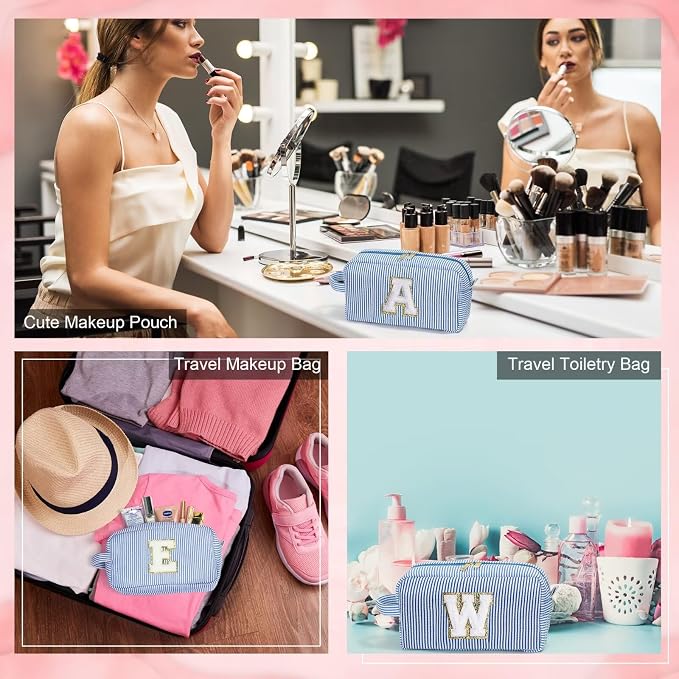 YOOLIFE Initial Makeup Bag for Women - Monogram Cute Makeup Bags Cosmetic Case Toiletry Pouch for Women Her Best Friend Sister Teacher, Personalized Birthday Gifts for Women, Blue Y