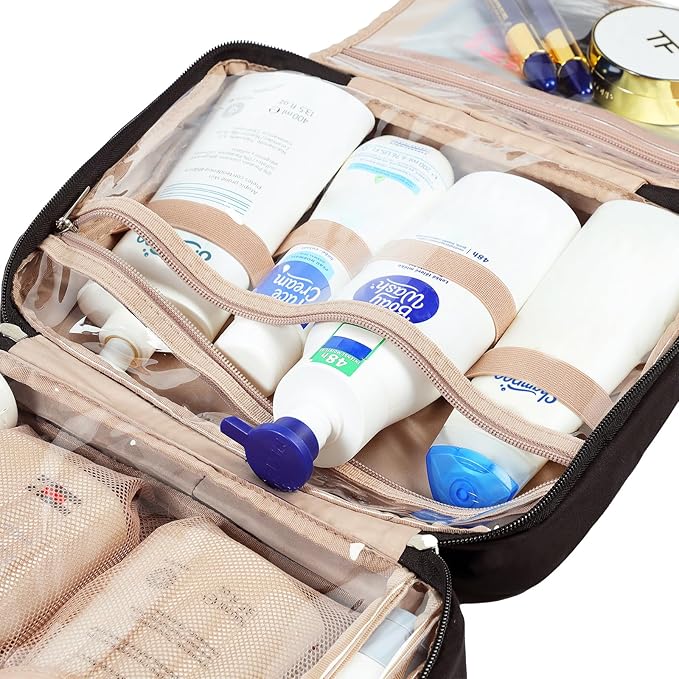 NISHEL Travel Toiletry Bag for Women, Makeup Essentials Organizer, Hanging Case for Accessories, Cosmetics, Large Size, Black