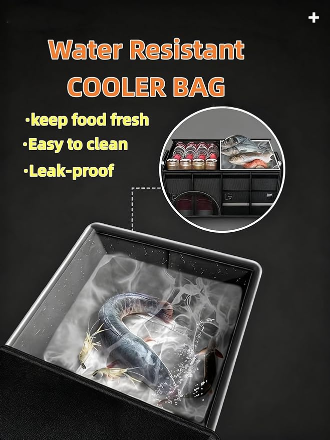 Car Trunk Organizer for SUV, Foldable Car Organizers and Storage with 4 Pocket, 72L Car Accessories with Shoes Compartments and Insulation Cooler Bag，Orange