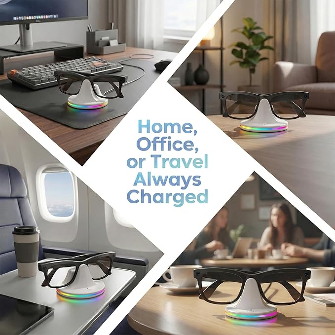 Charging Dock for Meta Ray-Ban Glasses, Charging Stand Compatible with Wayfarer, Skyler, Headliner & Oakley Meta HSTN, with USB-C Cable and 7-Color RGB, White
