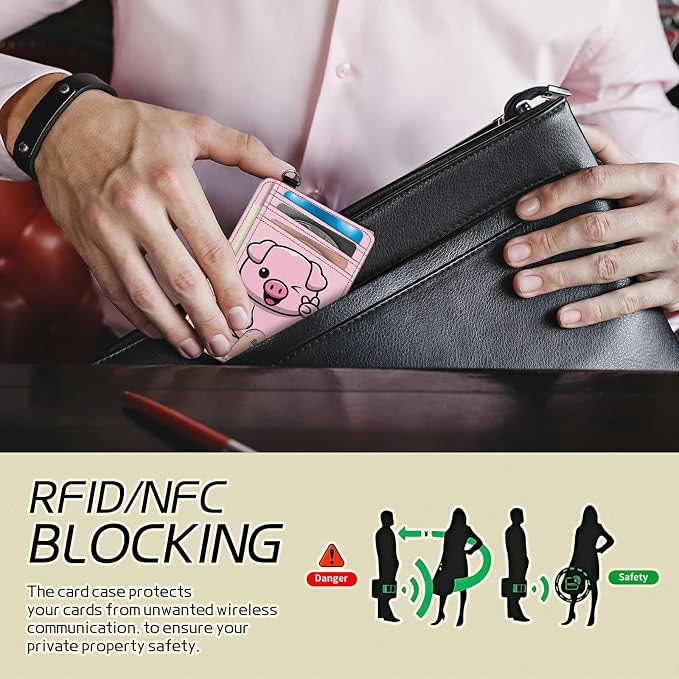 Small Travel Wallets, Pink Pig Slim Minimalist Front Pocket Wallet with Wristlet, RFID Blocking PU Leather Credit Card Holder with ID Window Change Purse for Men Women