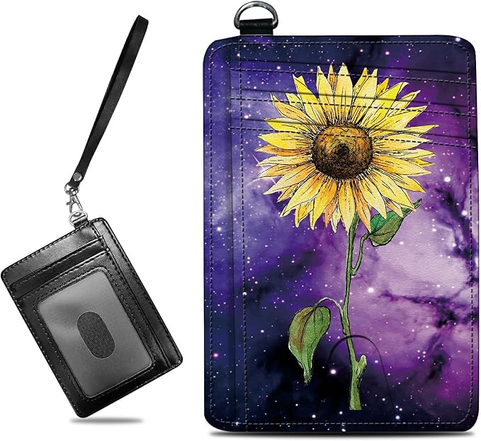 Small Travel Wallets, Sunflower Yellow Purple Galaxy Slim Minimalist Front Pocket Wallet with Wristlet, RFID Blocking PU Leather Credit Card Holder with ID Window Change Purse for Men Women