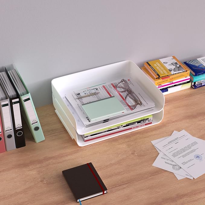 Tomorotec Desk Letter Tray Set, A4 Size White Stackable Document Organizer Office Desktop File Paper Holder Book Storage Rack Side Load Anti-Skid Stacking Support Convex Bottom (2X Landscape)