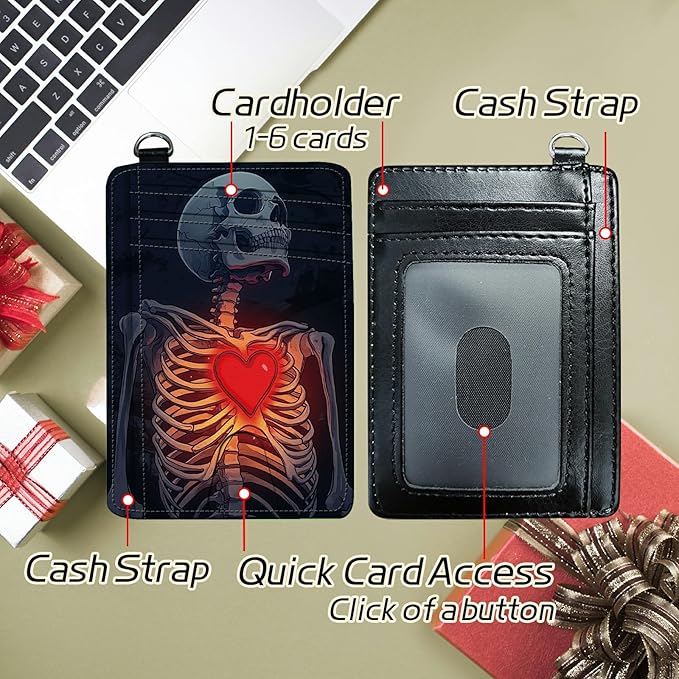 Small Travel Wallets, Skull Heart Slim Minimalist Front Pocket Wallet with Wristlet, RFID Blocking PU Leather Credit Card Holder with ID Window Change Purse for Men Women