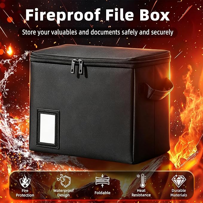 Fireproof File Box with PVC Slides & Dual Zippers, Collapsible Document Organizer Box for Home Office, Fireproof Filing Cabinet Storage Case, Portable File Organizer for Letter A4 Documents, Small