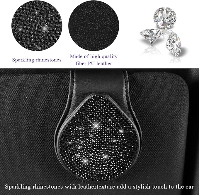 KVAEY Bling Sunglass Holder for Car Visor, Magnetic Leather Visor Clip Glasses Holder with Sparkling Rhinestones, Crystal Visor Ticket Card Clip for Women Girls, Car Accessories (Black)