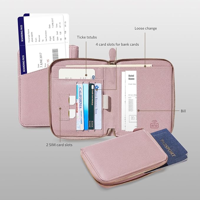 CoBak Passport Holder Cover with Safe Zipper Closure, Premium Passport Wallet for Travel, Cute RFID Blocking Card Case, Waterproof Travel Accessories for Women, Grain Rose Gold