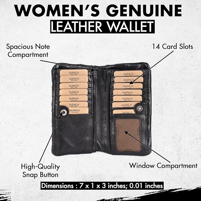 Genuine Leather Wallets for Women, Small Wallet for Ladies Zipper Coin Purse Credit Card Holder with Strap (VL-167-BLACK)