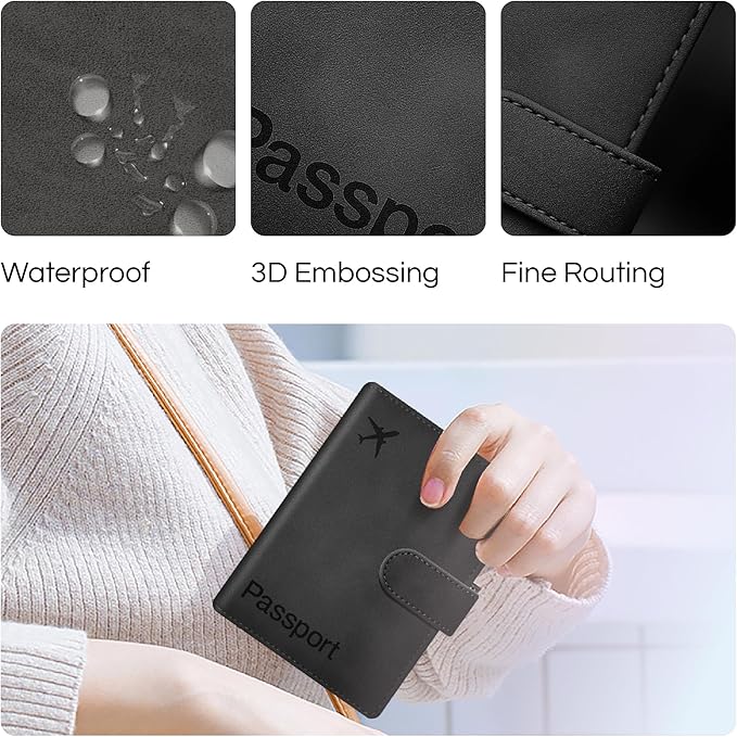 Passport Holder Cover Wallet, RFID Blocking Travel Document Organiser, Must Haves Travel Accessory, Leather Wallet Card Case – Essentials for Men & Women (Black)