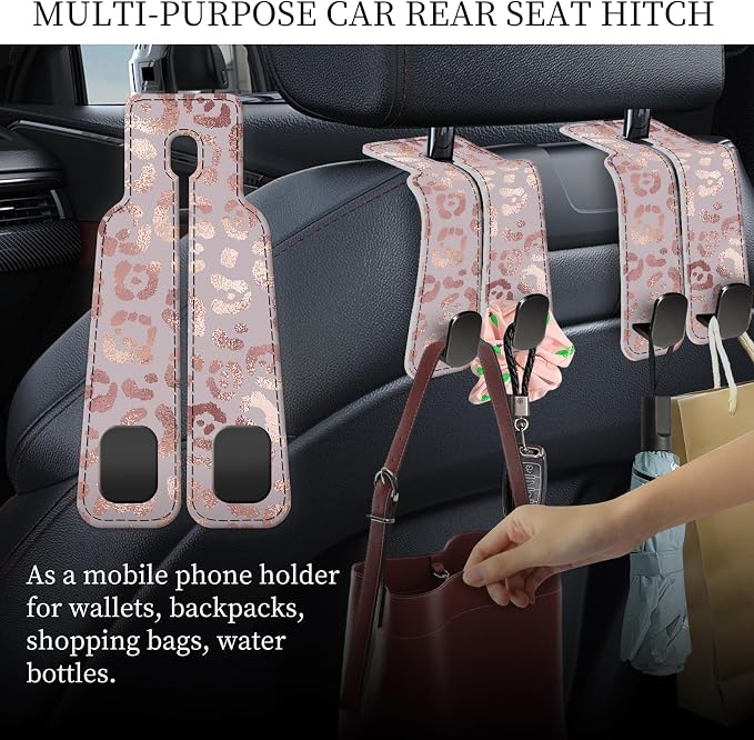 PU Leather Car Seat Hook, Storage Headrest Hanger, Cute Car Backseat Organizer, Car Hooks For Purses and Bags Pink Leopard Print