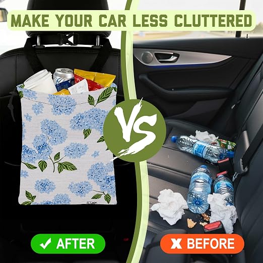 Car Trash Bag Blue Hydrangeas Floral Hanging Drawstring Car Organizer and Storage Bag with Adjustable Buckle Canvas Garbage Bin for Back Seat or Hanging Headrest Road Trip Essentials